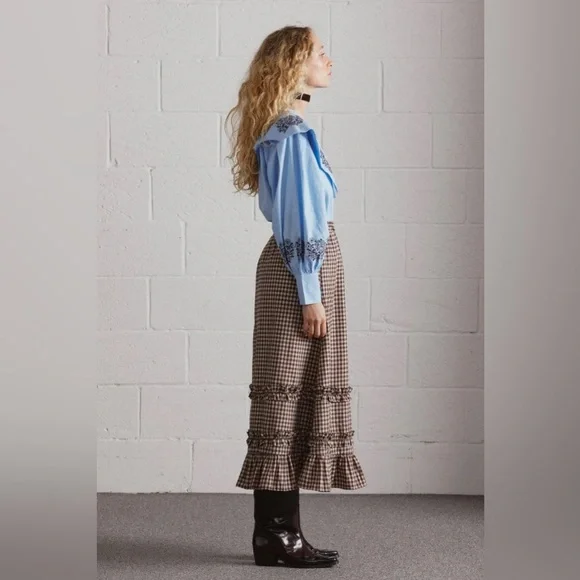 DAMSON MADDER Rina Ruffle Skirt in Chocolate Check UK 12 / US 8 - Picture 2 of 16